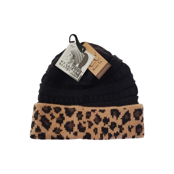 C.C Exclusives Accessories - C.C Exclusive Beanie Tail Black and Tan Leopard Cable Knit Messy Bun Hat OS